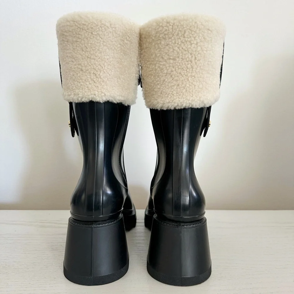 Chloé Black Rain Boot with Cream Shearling Cuff